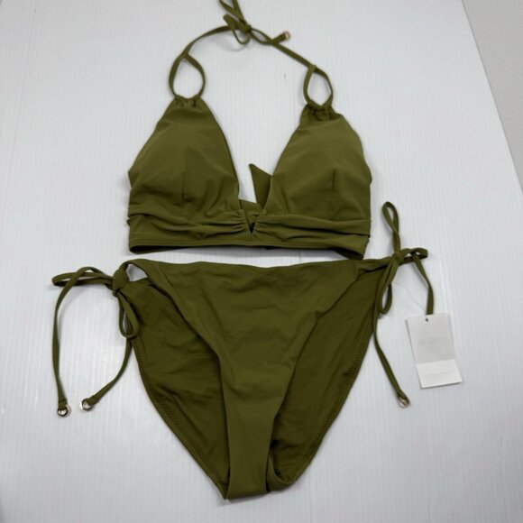 Reiss Olive Green Triangle Bikini Set Size US 8 Swimwear Two Piece Tie Side - Picture 2 of 9